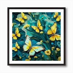 Yellow Butterflies On A Blue Background Art Print