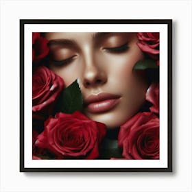 Beautiful Woman With Red Roses 1 Art Print