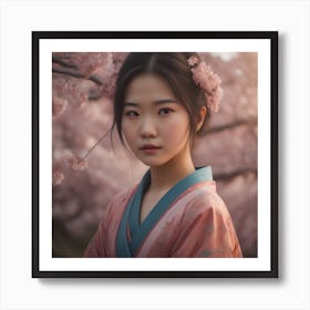 Sweet and kind-hearted Asian girl, wearing colorful kimono, close-up, cherry trees and phenomenally enchanting nature in the background. Art Print