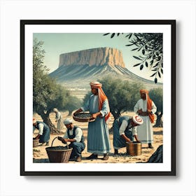 Tunisian farmers wearing traditional clothing, harvesting olives from trees. In the background, the Jugurtha Table (a large, flat-topped mountain in North Western Tunisia Art Print