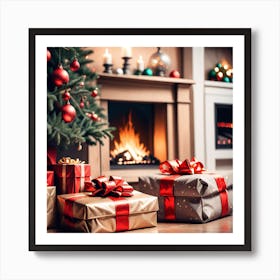 Christmas Presents Under Christmas Tree At Home Next To Fireplace Mysterious Art Print