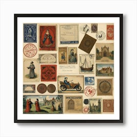 Vintage Postcards And Stamps Displayed In A Frame Art Print