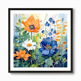 Blue And Orange Flowers 1 Art Print