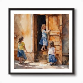 Happy girlfriends at the Door Art Print