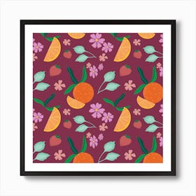 Oranges And Strawberries Seamless Pattern Dark Purple Art Print