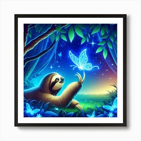 Sloth marvels at a glowing blue butterfly Art Print