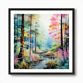 Watercolour Landscape Vibrant Wild Forest Art Print