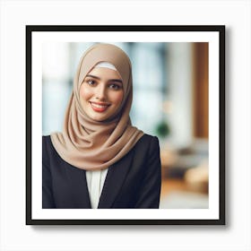 A young, beautiful, and confident Muslim woman wearing a hijab smiles at the camera. She is dressed in a business suit and is standing in an office setting. The background is blurred and out of focus. The woman's expression is one of happiness and contentment. She is proud of her accomplishments and is looking forward to the future. Art Print