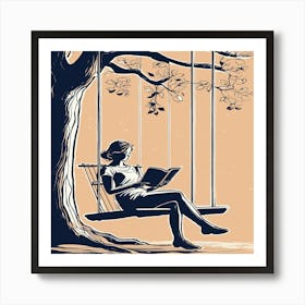 Girl Reading On A Swing Art Print