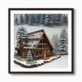 Small wooden hut inside a dense forest of pine trees with falling snow 4 Art Print