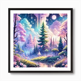 A Fantasy Forest With Twinkling Stars In Pastel Tone Square Composition 109 Art Print