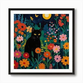 Black Cat At Night With Flowers  Art Print