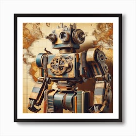 Robot On A World Map Art Print