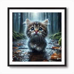 Kitten In The Rain Art Print