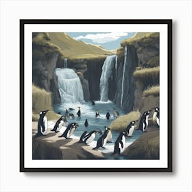 824873 A Waterfall Flows Into A River Where Penguins Play Xl 1024 V1 0 Art Print