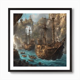 Pirate Ships In A Cave Art Print