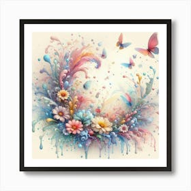 Watercolor Flowers And Butterflies 1 Art Print