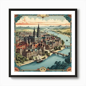 A Vintage Map, Of A Historic City With Ornate Borders And Labels art print 5 Art Print