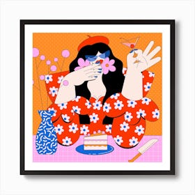 Red Lady In Pink & Orange Square Art Print