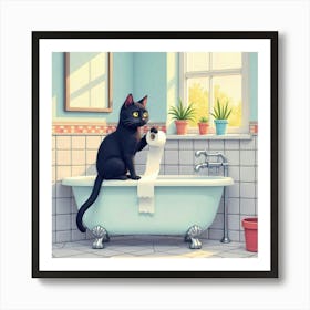 Bathroom Black Cat Toilet Paper Print Funny Art Print (3) Art Print