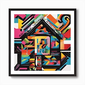 An Image Of A House With Letters On A Black Background, In The Style Of Bold Lines, Vivid Colors, Gr (2) Art Print