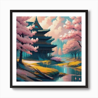 Asian Japanese Cherry Blossom Landscape Art Print by Lootprint - Fy