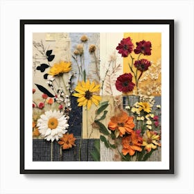 Collage Of Flowers, Design An Eclectic Collage With A Combination Of Fabric Swatches Dried Flowers Art Print