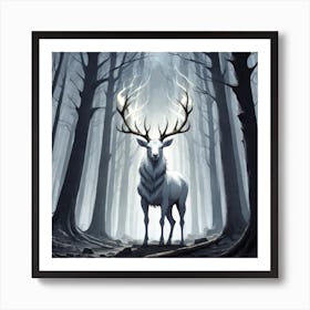 A White Stag In A Fog Forest In Minimalist Style Square Composition 25 Art Print