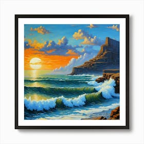 Ocean Sunset Waves Paint Oil Artistic Painting Fantasy Nature Art Print