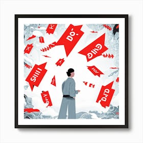 Abstract Illustration Of A Human Figure Pondering In A Sea Of White With Vivid Red Caution Signs Ch (1) Art Print