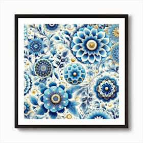 Batik, Blue  Floral Pattern  Art Print