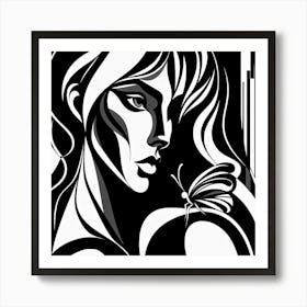 Stunning Black & White Abstract Portrait with Butterfly on Shoulder Art Print