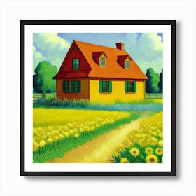 A Farmhouse at Dusk Tranquil and Timeless Yellow House In The Field Art Print