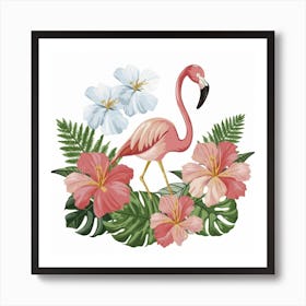 Flamingo And Flowers 1 Art Print