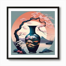 Flower Vase Decorated with Japanese Landscape, Deep Blue, Turquoise and Coral Art Print