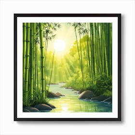 A Stream In A Bamboo Forest At Sun Rise Square Composition 390 Art Print