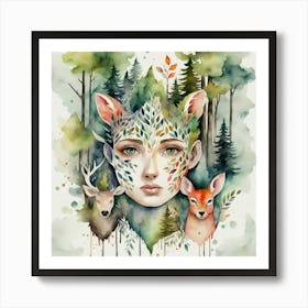 Watercolor Of A Woman And Deer Art Print