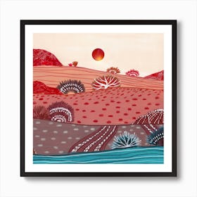 Boho Hills And Red Sun Square Art Print