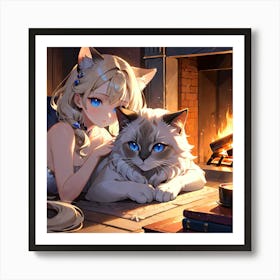 Anime Girl With Cat 1 Art Print