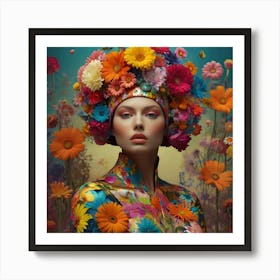 a woman in a colorful flower headdress, in the style of three-dimensional effects, pop-inspired imagery, uhd image, layered collages, barbie-core, futuristic pop, floral creative collage digital art by Paul Henderson, in the style of flower power, vibrant portraiture, UHD image, mike campau, multi-layered color fields, peter Mitchel, mandy disher flower collage art by, in the style of retro-futuristic cyberpunk,
2 Art Print