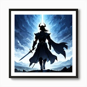 Swordsman, A Silhouette Of A Warrior Standing Tall On A Battlefield With A Serene Background Signifying Inner Art Print