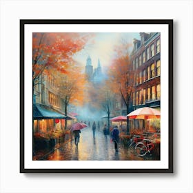 Amsterdam cafes, autumn season, rain, autumn oil colours.Faded colours,People passing on the street, winter clothes, rain umbrellas.14 Art Print