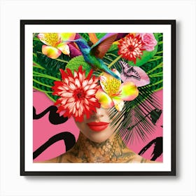 Mother Nature With Humming Bird Flowers And Tattoo In Pink Art Print