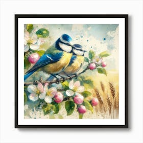 Soft Watercolor Art: Blue Tit, Apple Blossoms, Trees, and Grain Field. Art Print