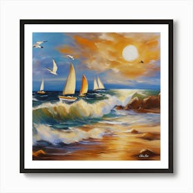 Oil painting design on canvas. Sandy beach rocks. Waves. Sailboat. Seagulls. The sun before sunset.18 Art Print