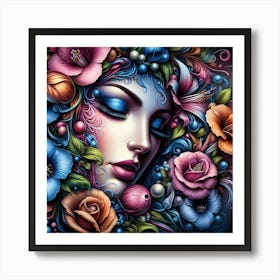 Portrait Of A Woman With Flowers 13 Art Print