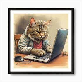 Cat Working On Laptop 2 Art Print