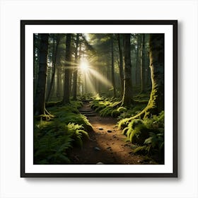 A Tranquil Forest Path With Sunlight Streaming Through The Trees And A Carpet Of Moss Art Print