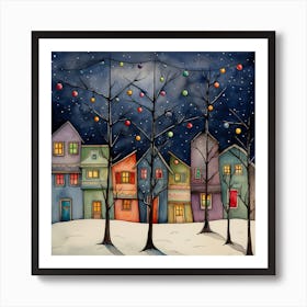 Watercolor Christmas Village Art Print