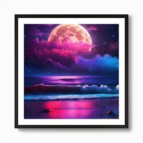 Full Moon In Starry Night Sky Over The Ocean Art Print